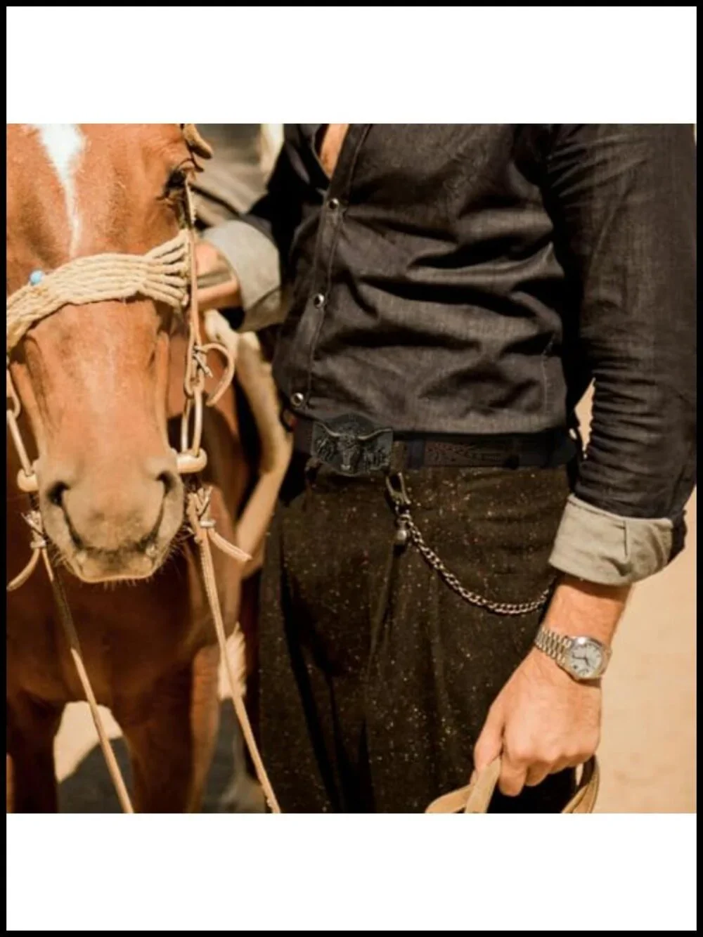 Men's Western Cowhide Leather Belt with Engraved Detachable Buckle